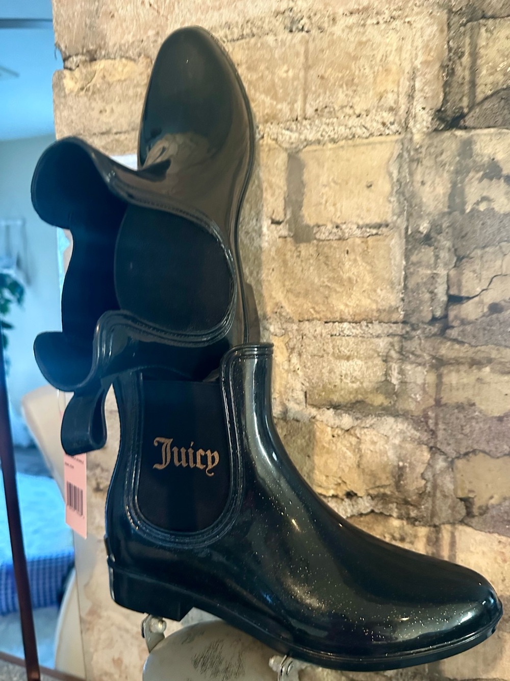 Adorable Rain boots! Black Glossy Chelsea-Style Rain Boots with Gold Logo